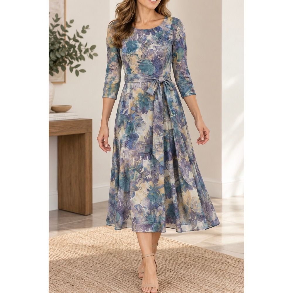 Nina Leonard Floral Burnout Midi Dress 3/4 Sleeve Blue Purple Size M NWT